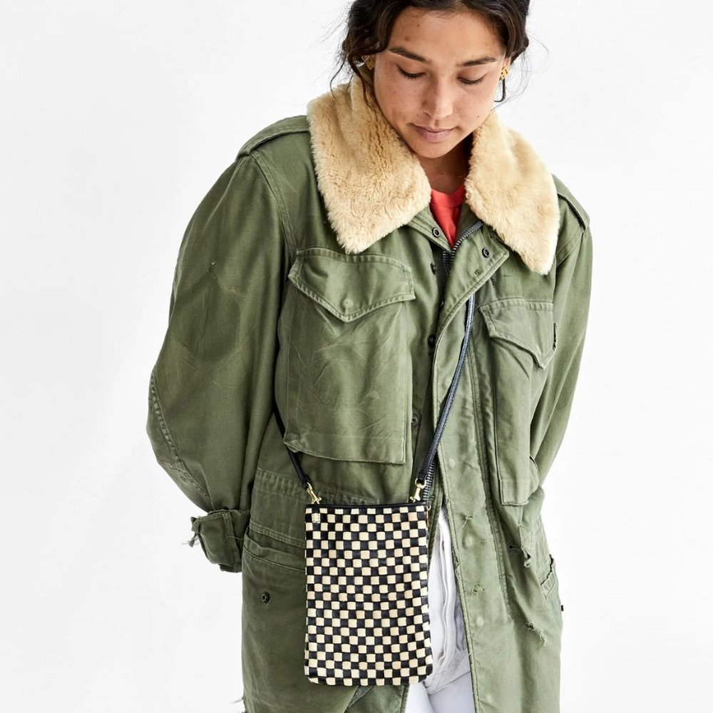 CLARE V Poche Leather Black & Cream Woven Checker